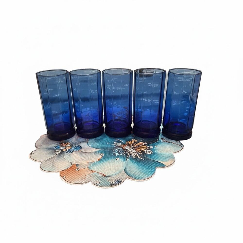 Set Of 5 Vtg. Anchor Hocking Essex 10 Sided Cobalt Blue Iced Tea Glasses